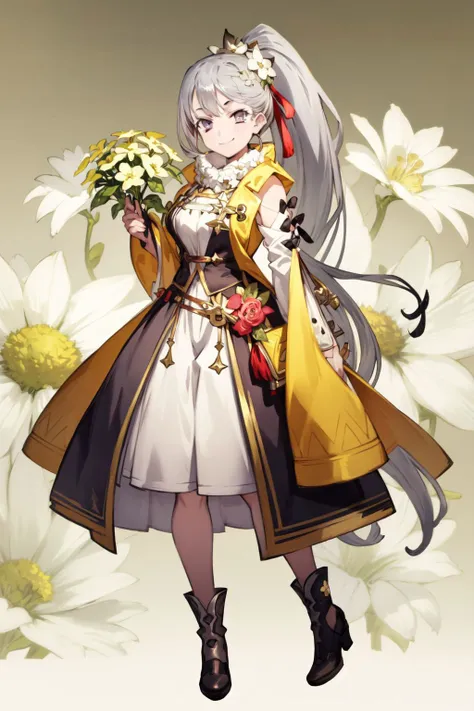 full body, solo, 1girl, (squinting eyes:1.1) smile, looking at viewer, grey hair, ponytail, purple eyes, bright, Acacia \(flower\), floral background <lora:toridamono_style_v01:1>