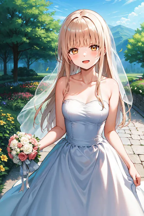masterpiece, best quality, highres, aamahiru, long hair, <lora:shiina_mahiru_v1:0.7>, small breasts, strapless, wedding dress, white dress, garden, standing, cowboy shot, smile, open mouth, holding bouquet, confetti,