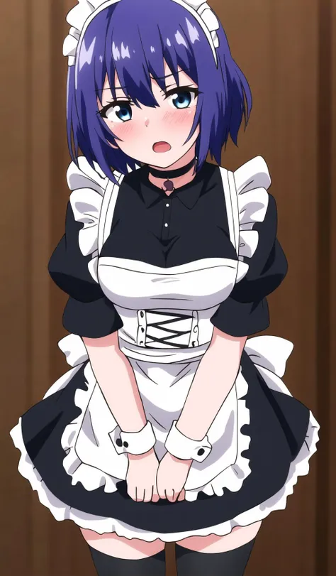 hoshizuki kaede, 1girl, purple hair, solo, breasts, looking at viewer, blush, short hair, open mouth, blue eyes, thighhighs, dress, cleavage, medium breasts, short sleeves, frills, choker, puffy sleeves, black thighhighs, apron, puffy short sleeves, zettai ryouiki, wrist cuffs, maid, maid headdress, white apron, maid apron, black suit <lora:hoshizuki_kaede-000005:0.6> <lora:animeScreencapStyle_v230epochs:0.3>