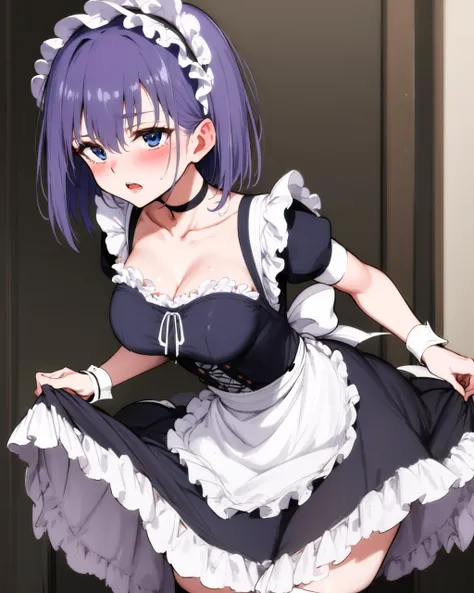 masterpiece, best quality, 1 girl, <lora:JZ:0.8>, <lora:hoshizuki_kaede:0.7>, hoshizuki kaede, purple hair, breasts, blush, short hair, open mouth, blue eyes, thighhighs, dress, cleavage, medium breasts, short sleeves, frills, choker, puffy sleeves, black thighhighs, apron, puffy short sleeves, zettai ryouiki, wrist cuffs, maid, maid headdress, white apron, maid apron