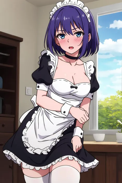 hoshizuki kaede, 1girl, purple hair, solo, breasts, looking at viewer, blush, short hair, open mouth, blue eyes, thighhighs, dress, cleavage, medium breasts, short sleeves, frills, choker, puffy sleeves, black thighhighs, apron, puffy short sleeves, zettai ryouiki, wrist cuffs, maid, maid headdress, white apron, maid apron <lora:hoshizuki_kaede-000005:0.7>