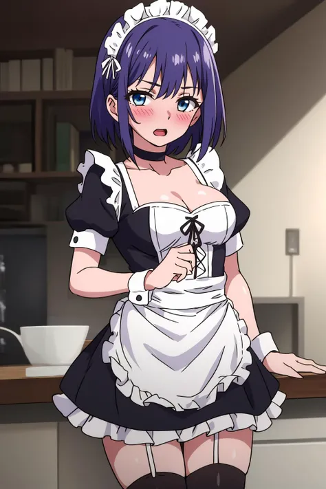 hoshizuki kaede, 1girl, purple hair, solo, breasts, looking at viewer, blush, short hair, open mouth, blue eyes, thighhighs, dress, cleavage, medium breasts, short sleeves, frills, choker, puffy sleeves, black thighhighs, apron, puffy short sleeves, zettai ryouiki, wrist cuffs, maid, maid headdress, white apron, maid apron <lora:hoshizuki_kaede-000005:0.7>