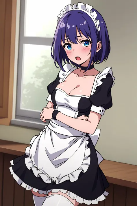 hoshizuki kaede, 1girl, purple hair, solo, breasts, looking at viewer, blush, short hair, open mouth, blue eyes, thighhighs, dress, cleavage, medium breasts, short sleeves, frills, choker, puffy sleeves, black thighhighs, apron, puffy short sleeves, zettai ryouiki, wrist cuffs, maid, maid headdress, white apron, maid apron <lora:hoshizuki_kaede-000005:0.7>