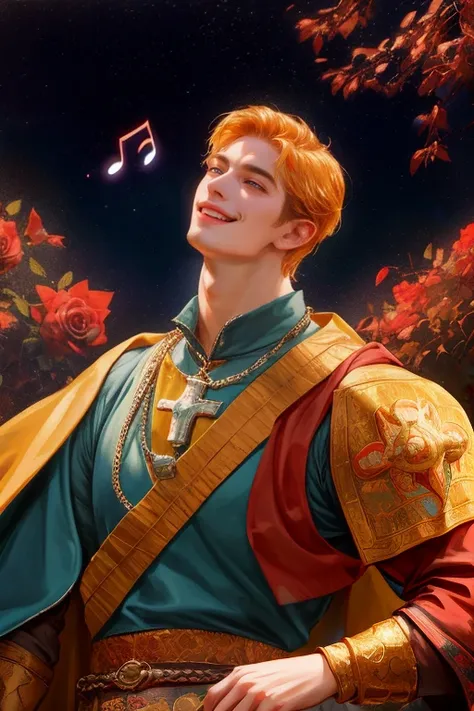 (absurdres, highres, ultra detailed), 1 male, adult, handsome, tall muscular guy, broad shoulders, intricate details, colorful, portrait, looking up, solo, half shot, detailed background, detailed face, (medieval high fantasy theme:1.1), medieval fantasy (bard:0.8), smile, dancing, dynamic pose, colorful ruffled clothes, music, joyful atmosphere, town fair, music, music emanating, roses, night sky, (fireworks:0.8), party, performance
