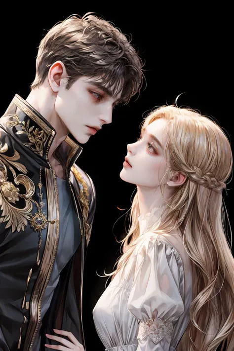(masterpiece, best quality), 2others, couple, 1boy with 1girl, Height difference, different color, upper body, from side, profile, extremely detailed eyes