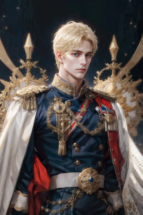 (absurdres, highres, ultra detailed), 1 male, mature, handsome, tall muscular guy, broad shoulders, intricate details, colorful, highest detailed, Fantasy, royal, nobleman, Admiral, short hair, blonde hair, blue eyes, fleet commander, navy, commander, white uniform