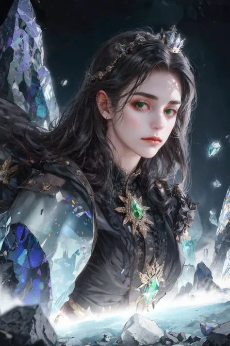 (absurdres, highres, ultra detailed), (1girl, solo, mature, long hair), black hair, dress, long sleeve, looking at viewer, solo, upper body, detailed background, close up, cold detailed face, (victorian theme:1.1), crystal mage, levitating, dynamic pose, elemental rock themed clothes, crystal crown, rocks floating in the air, glowing shards, surrounded by green jewels, magical floating particles, crystal landscape background, (shallow water:0.7), cinematic ethereal atmosphere, reflections, updraft,, upper body, dutch angle