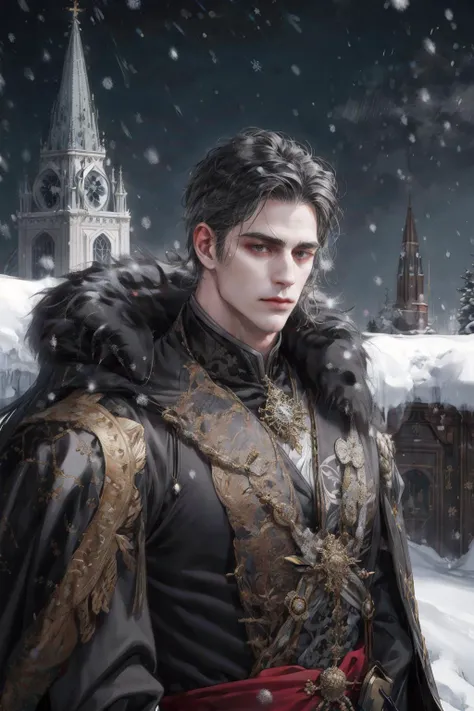 (absurdres, highres, ultra detailed), 1 male, mature, handsome, tall muscular guy, broad shoulders, intricate details, Fantasy, royal, nobleman, grand duke, very short hair, black hair, dark gray eyes, stoic, fur coat, black suit, winter, snow, dark, extreme cold, colorful, highest detailed, upper body