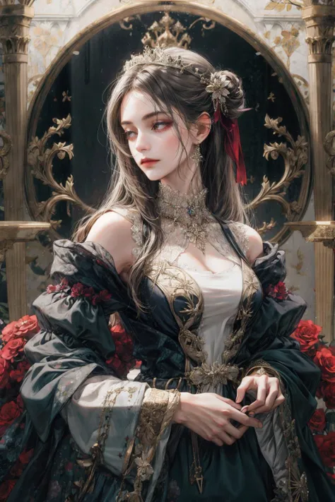 (absurdres, highres, ultra detailed), 1girl, solo, mature, Baroque, long dress, long sleeve, elegant, colorful, highest detailed, upper body