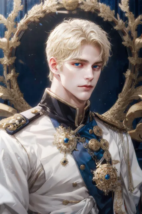 (absurdres, highres, ultra detailed), 1 male, solo, mature, handsome, tall muscular guy, broad shoulders, intricate details, colorful, highest detailed, Fantasy, royal, nobleman, Admiral, short hair, blonde hair, blue eyes, fleet commander, navy, commander, white uniform