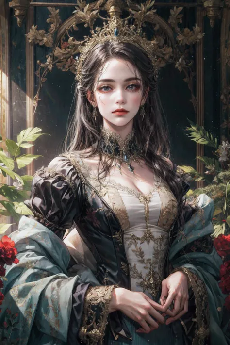 (absurdres, highres, ultra detailed), 1girl, solo, mature, Baroque, long dress, long sleeve, elegant, colorful, highest detailed, upper body