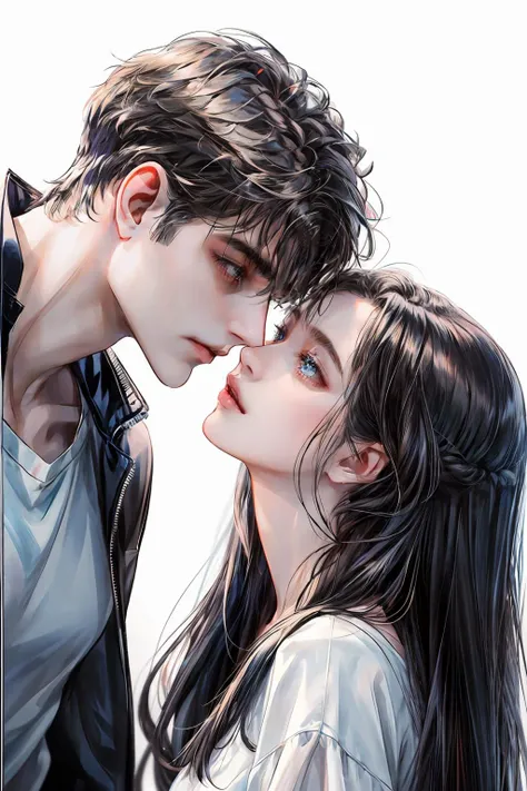 (masterpiece, best quality), 2others, couple, 1boy with 1girl, Height difference, different color, upper body, from side, profile, simple background, white background, extremely detailed eyes