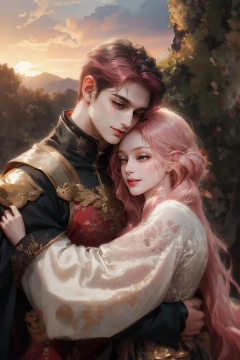 (absurdres, highres, ultra detailed), 2others, couple, 1man with 1woman, mature, Height difference, different hair color, happy, love, hug, upper body, long hair, black hair and pink hair, fantasy, sunset