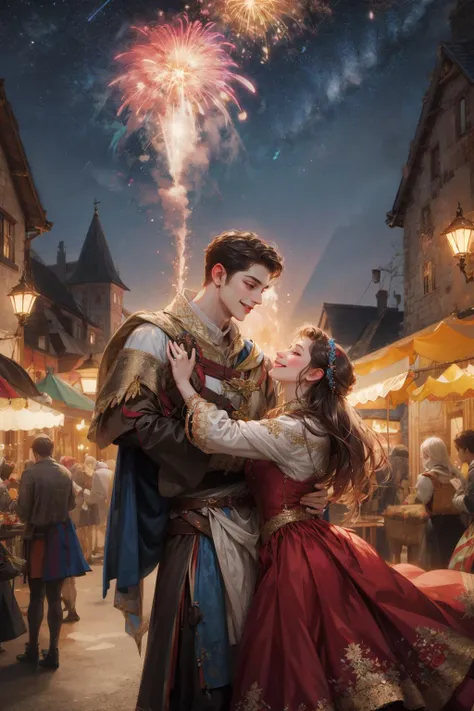 (absurdres, highres, ultra detailed), 1 male, adult, handsome, tall muscular guy, broad shoulders, intricate details, colorful, portrait, looking up, solo, half shot, detailed background, detailed face, (medieval high fantasy theme:1.1), medieval fantasy (bard:0.8), smile, dancing, dynamic pose, colorful ruffled clothes, music, joyful atmosphere, town fair, music, music emanating, roses, night sky, (fireworks:0.8), party, performance