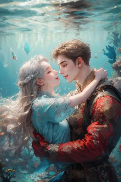 (absurdres, highres, ultra detailed), 2others, couple, 1man with 1woman, mature, Height difference, different hair color, happy, love, hug, upper body, long hair, brown hair and silver hair, fantasy, underwater, looking at each other