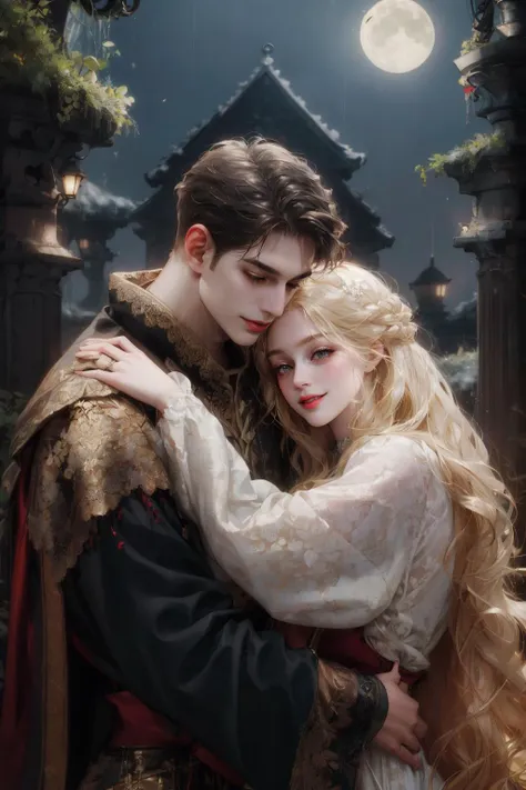 (absurdres, highres, ultra detailed), 2others, couple, 1man with 1woman, mature, Height difference, different hair color, happy, love, hug, upper body, long hair, black hair and blonde hair, fantasy, night