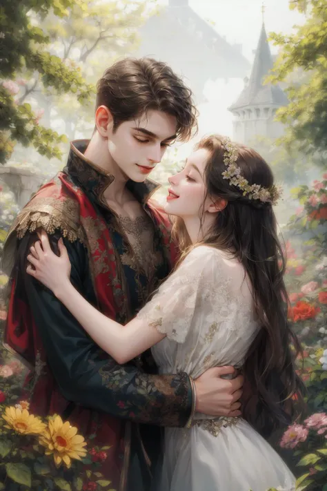 (absurdres, highres, ultra detailed), 2others, couple, 1man with 1woman, mature, Height difference, different hair color, happy, love, hug, upper body, long hair, black hair and blonde hair, fantasy, flower, garden