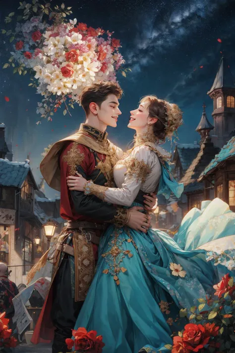 (absurdres, highres, ultra detailed), 1 male, adult, handsome, tall muscular guy, broad shoulders, intricate details, colorful, portrait, looking up, solo, half shot, detailed background, detailed face, (medieval high fantasy theme:1.1), medieval fantasy (bard:0.8), smile, dancing, dynamic pose, colorful ruffled clothes, music, joyful atmosphere, town fair, music, music emanating, roses, night sky, (fireworks:0.8), party, performance