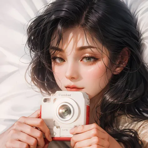1girl,solo,camera,holding,white quilt,under covers,holding camera,long hair,closed eyes,shadow,