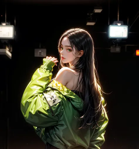 1girl,solo,long hair,black hair,black background,jacket,looking at viewer,off shoulder,green jacket,upper body,looking back,signature,from behind,long sleeves,