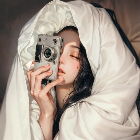 1girl,solo,camera,holding,white quilt,under covers,holding camera,long hair,closed eyes,shadow,
