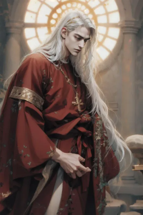 (absurdres, highres, ultra detailed), 1man, solo, long hair, white and gold hair, holy