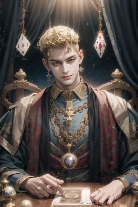 (absurdres, highres, ultra detailed), 1 male, adult, handsome, tall muscular guy, broad shoulders, intricate details, colorful, portrait, looking at viewer, solo, detailed background, close up, (high fantasy medieval theme:1.1), fortune teller, charlatan, smirk, foreboding, sitting at table, colorful fortune teller clothes, large earrings, horoscope, deck of cards, tarot cards, crystal ball, medieval (tent interior:1.1) background, tent curtains in background, dark mysterious lighting, shadows, magical atmosphere, starry night