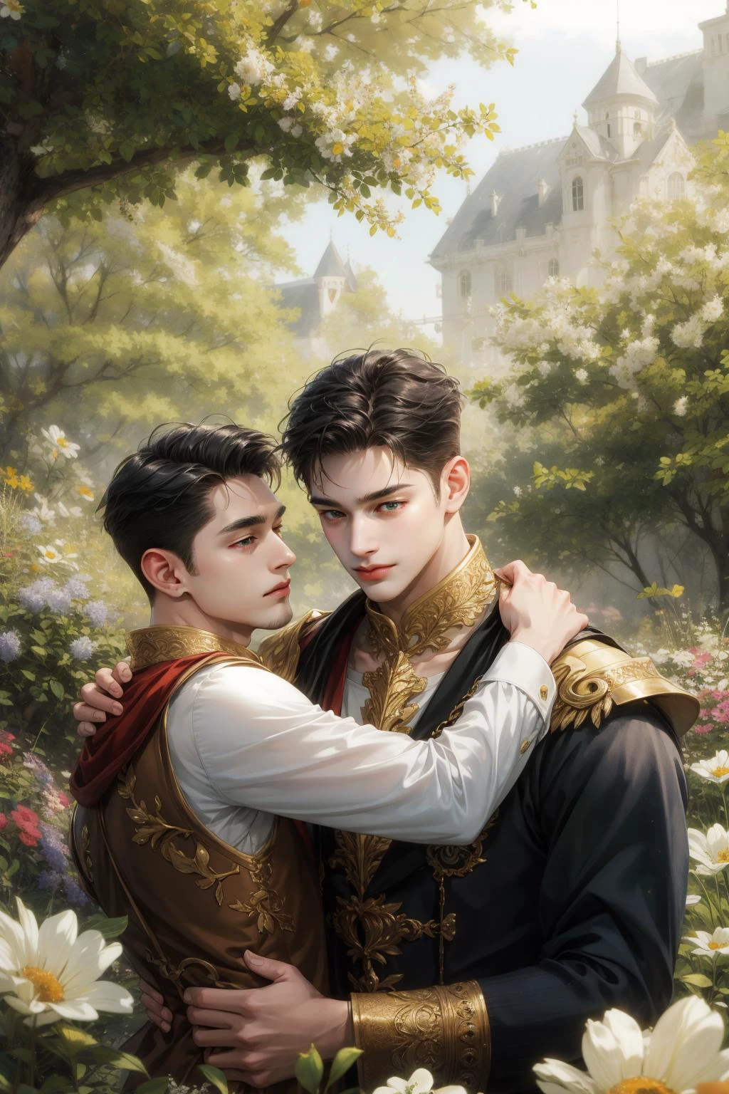 (absurdres, highres, ultra detailed), 1man hug 1man, (((multiple boys))), mature, love, hug, upper body, gold and black hair, fantasy, spring, garden, closed mouth