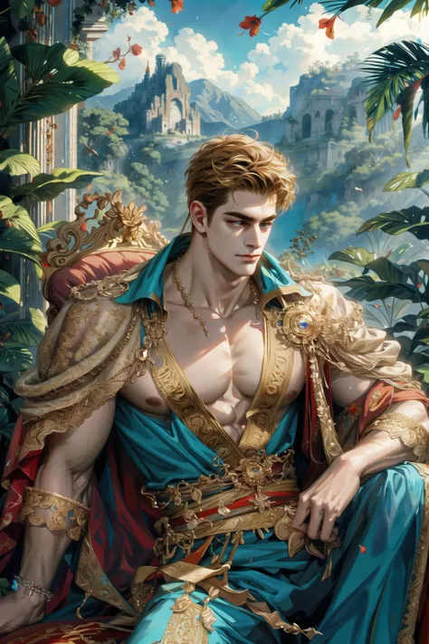 (absurdres, highres, ultra detailed), 1 male, adult, handsome, tall muscular guy, broad shoulders, intricate details, colorful, portrait, looking up, solo, half shot, detailed background, detailed face, (tropical jungle theme:1.1), royal imperial monarch, floating particles, rose petals, sitting on floor, stoic expression, palace terrace background, overlooking mountain, symmetrical composition, sidelighting, cinematic atmosphere, shadows, long color cape