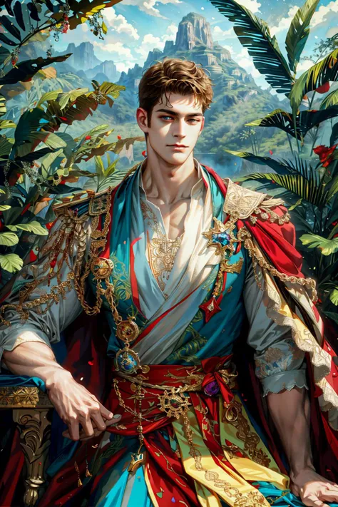 (absurdres, highres, ultra detailed), 1 male, adult, handsome, tall muscular guy, broad shoulders, intricate details, colorful, portrait, looking up, solo, half shot, detailed background, detailed face, (tropical jungle theme:1.1), royal imperial monarch, floating particles, rose petals, sitting on floor, stoic expression, palace terrace background, overlooking mountain, symmetrical composition, sidelighting, cinematic atmosphere, shadows, long color cape