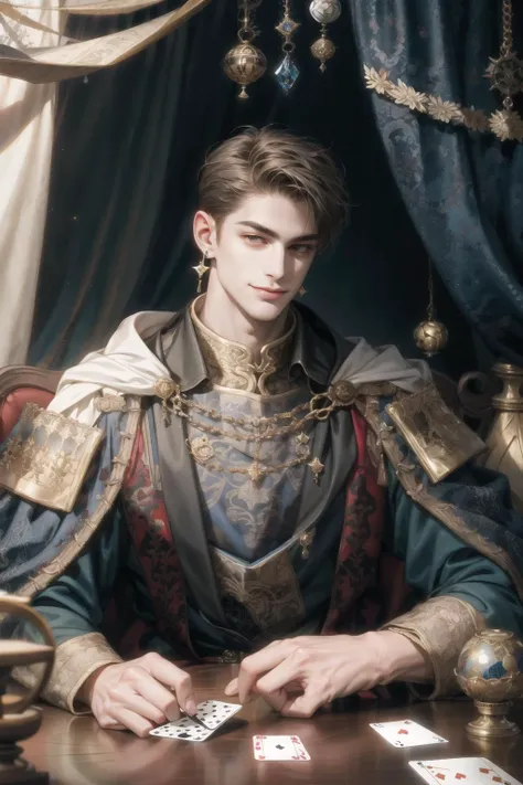 (absurdres, highres, ultra detailed), 1 male, adult, handsome, tall muscular guy, broad shoulders, intricate details, colorful, portrait, looking at viewer, solo, detailed background, close up, (high fantasy medieval theme:1.1), fortune teller, charlatan, smirk, foreboding, sitting at table, colorful fortune teller clothes, large earrings, horoscope, deck of cards, tarot cards, crystal ball, medieval (tent interior:1.1) background, tent curtains in background, dark mysterious lighting, shadows, magical atmosphere, starry night