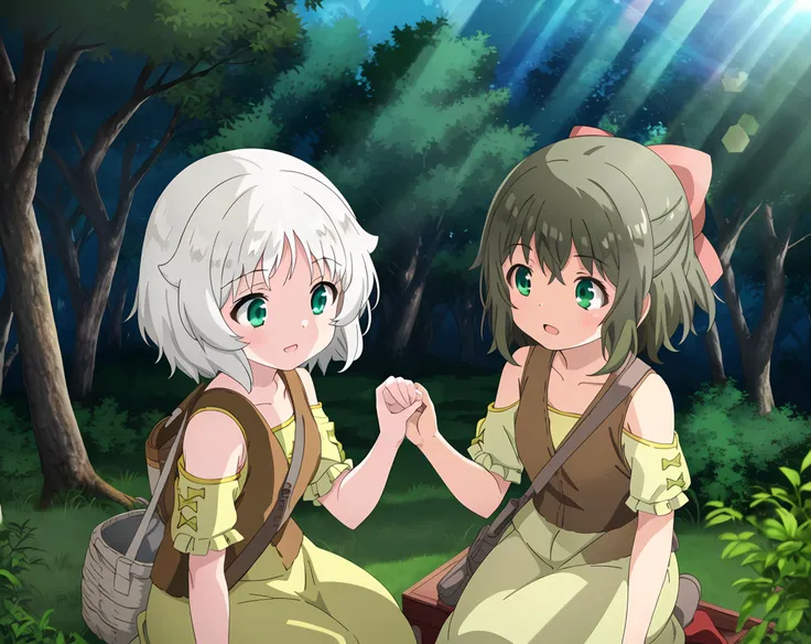 trees, colette; fina; light novel; red bow, 2girls, multiple girls, outdoors, forest, green hair, grey hair,