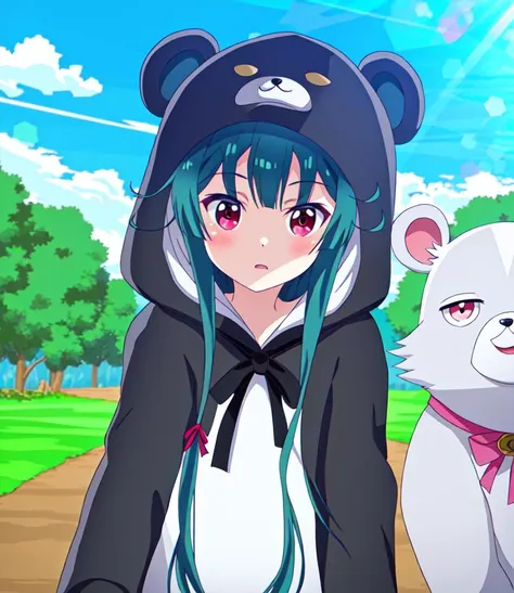 yuna; fanart; 1girl, solo focus, bear hood, kigurumi, sky,  outdoors,   looking at viewer