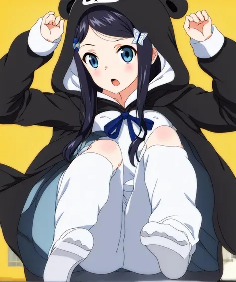 yamanomitsuha; 1girl, solo, animal hood, kigurumi, blue eyes, gold hair