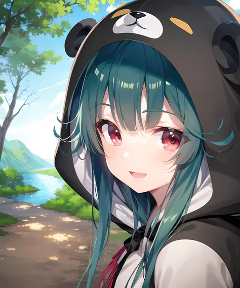 (close-up, headshot, focus face:1.2), masterpiece, best quality, illustration, anime, highly detailed, clear image, 1girl, solo, (anime coloring:1.2),
Yuna, bear hood, bear costume,
from side, looking away, smiling, open mouth, 
outdoors, forest, tree, lake,
<lora:kumaBearRoukin:1> , <lora:addDetail:0.5>,