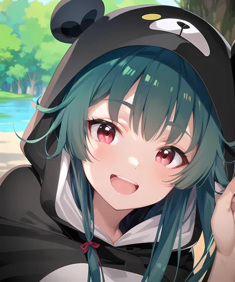 (close-up, headshot, focus face:1.2), masterpiece, best quality, illustration, anime, highly detailed, clear image, 1girl, solo, (anime coloring:1.2),
Yuna, bear hood, black bear costume,
from side, smiling, open mouth, 
outdoors, forest, tree, lake,
<lora:kumaBearRoukin:1> , <lora:addDetail:0.5>,