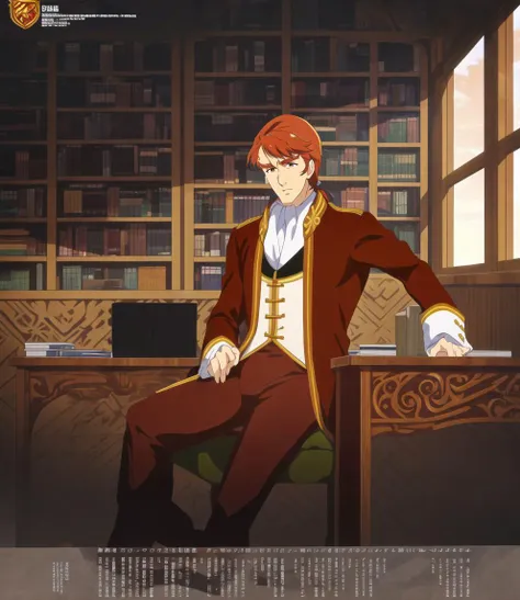 (Cliff);  official art; 1boys, solo, cowboy shot, sitting in office, serious, working behind desk
  tall windows that let in a flood of natural light, casting a warm glow over the entire area
The walls are lined with ornate bookshelves, intricately carved wooden desk dominates the center of the room