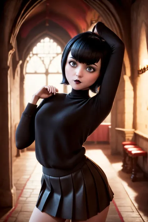 mevis, 1girl, short hair, black hair, solo focus, black eyes, stretching, lipstick, black lips , <lora:mevis:0.6>,ancient castle,small hotel indoors, <lora:add_detail:0.7>black skirt,Black Sexy Sweater