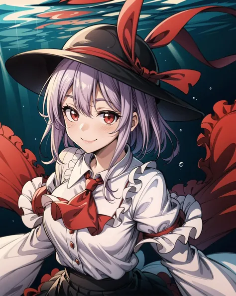nagae iku, purple hair, red eyes, smile, black headwear, frills, hagoromo, black skirt, white shirt, red ascot, lightning, ocean,underwater <lora:nagaeiku1:1>, <lora:add_detail:1>, masterpiece, best quality, perfect composition