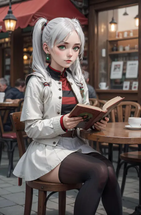 amazing quality, ultra detailed,
1girl, light white hair, twintails, green eyes, red earrings, white capelet, white jacket, striped shirt, belt, white skirt, black pantyhose, brown boots,
sitting, table, cafe, reading book,
<lora:extremely_detailed:1.5>, extremely detailed, 
<lora:FrierenXL004:0.8> Frieren,