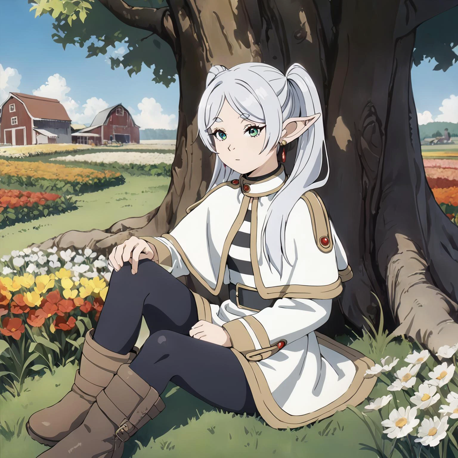 amazing quality, ultra detailed,
1girl, light white hair, twintails, green eyes, elf ear, red earrings, white capelet, white jacket, striped shirt, belt, white skirt, black pantyhose, brown boots, gold trim,
sitting, grass land, flowers farm, under tree,
<lora:extremely_detailed:1.5>, extremely detailed,
<lora:FrierenXL004:0.8> Frieren,
