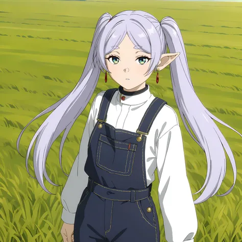 <lora:FrierenXL004>,<lora:DetailedEyes_V3:1.6>,looking at viewer,
solo,
anime screencap,
best quality,masterpiece,
Frieren,1girl,light purple hair,twintails,multicolored eyes,earrings,
cowboy shot,
overalls,grassland,wind,rice ears,