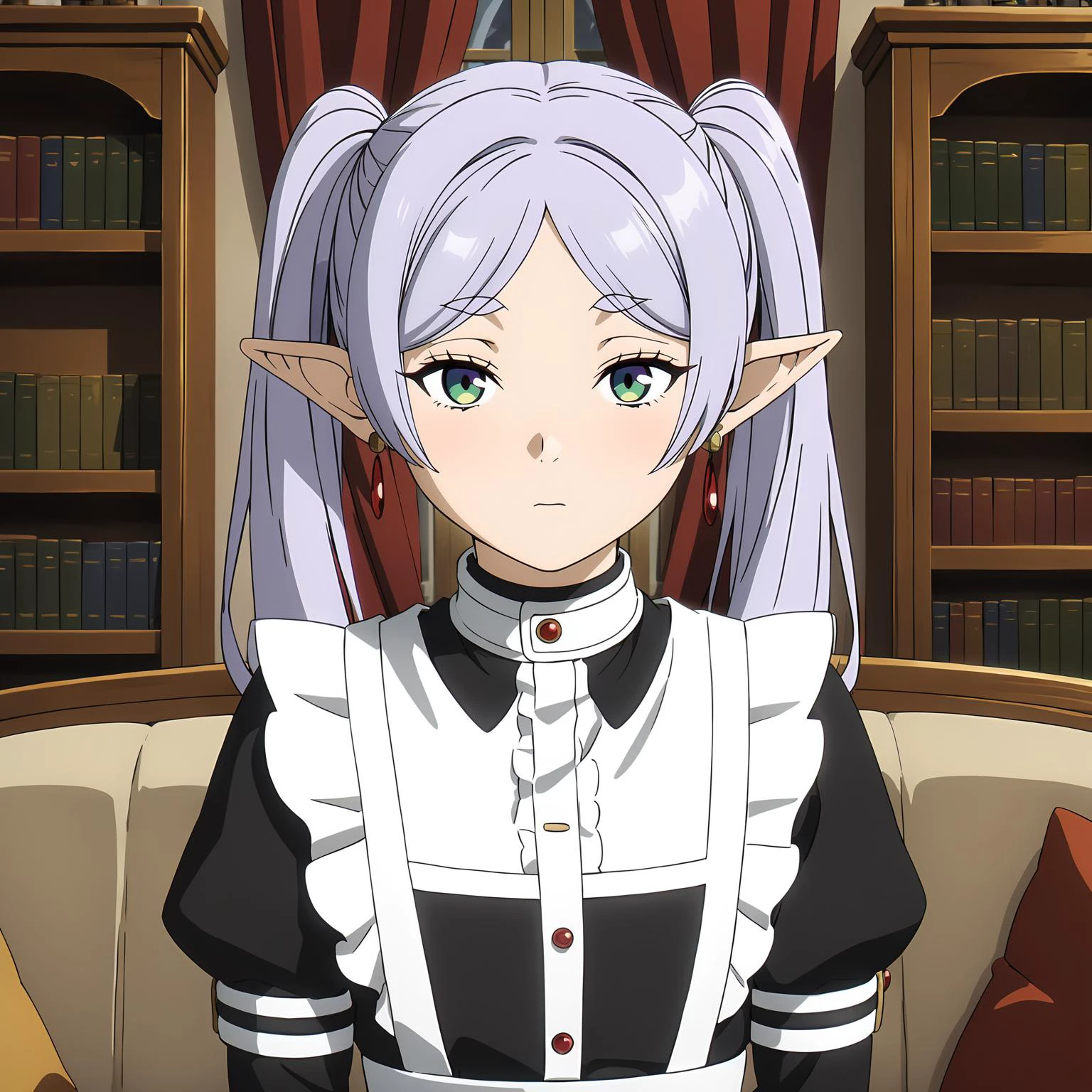 <lora:FrierenXL004>,<lora:DetailedEyes_V3:1.6>,looking at viewer,
solo,
anime screencap,
best quality,masterpiece,
Frieren,1girl,light purple hair,twintails,multicolored eyes,earrings,
cowboy shot,
maid,puffy_sleeves,gorgeous indoor,sofa,bookshelf,window_,furniture,curtains,