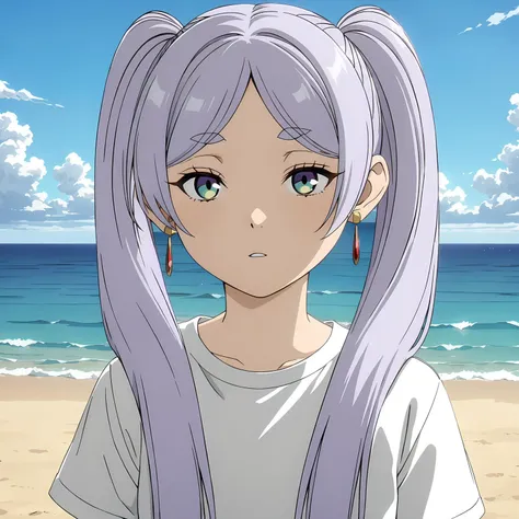 <lora:FrierenXL004>,<lora:DetailedEyes_V3:1.6>,looking at viewer,
solo,
anime screencap,
best quality,masterpiece,
Frieren,1girl,light purple hair,twintails,multicolored eyes,earrings,
ocean,beach,sunshine,t -shirt,