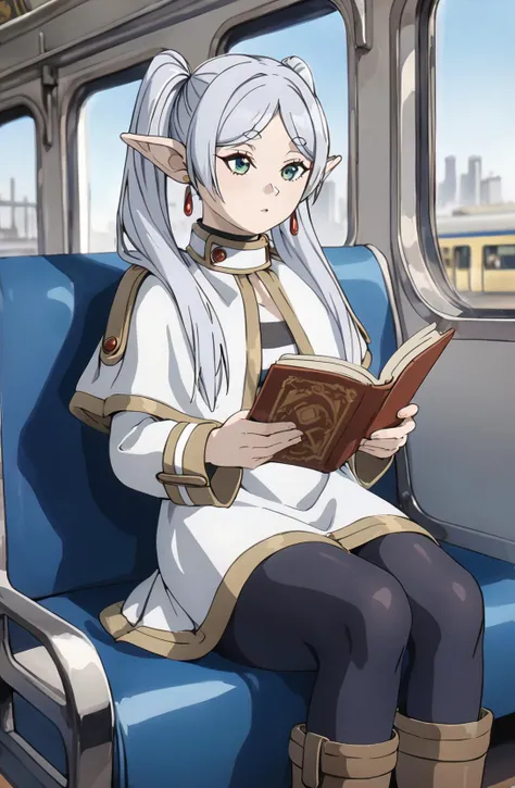 amazing quality, ultra detailed,
1girl, light white hair, twintails, green eyes, elf ear, red earrings, white capelet, white jacket, striped shirt, belt, white skirt, black pantyhose, brown boots, gold trim,
sitting, on train, reading book,
<lora:extremely_detailed:1.5>, extremely detailed,
<lora:FrierenXL004:0.8> Frieren,