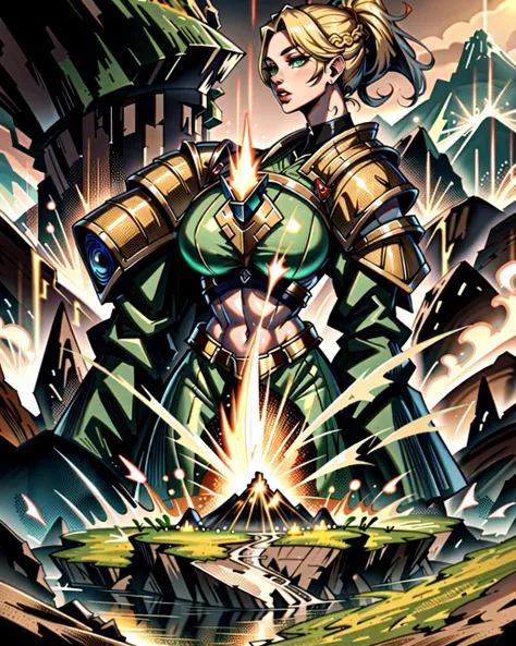 ((masterpiece), best quality, high quality, professional quality, highly detailed, highres, perfect lighting, natural lighting), biomechanical, transcendent, Android-driven transport, A volcanic planet with constant eruptions and rivers of lava, providing abundant geothermal energy for its inhabitants., Alien Jungle,middle earth, Ranger Nocking an arrow and taking careful aim, Innovator, Short, Toned, Oval Face, Tan Skin, Golden Blonde Hair, green Eyes, Straight Nose, Full Lips, Receding Chin, Mutton Chops, Long, Braided, A sprawling castle, perched high on a rocky cliff overlooking the sea, Tolkien, <lyco:locon_perfecteyes_v1_from_v1_64_32:0.6>, <lora:Anime_Lineart_Style_Lora:0.6>