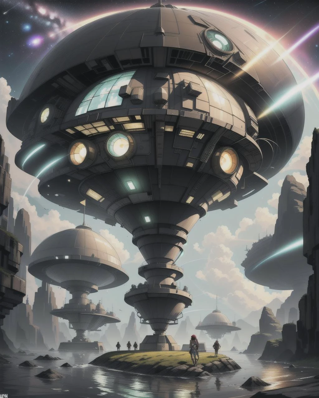 ((masterpiece), best quality, high quality, professional quality, highly detailed, highres, perfect lighting, natural lighting), extraterrestrial, brave space explorers, colossal spaceship hangar, Cybernetic-enhanced spacecraft, Zero-gravity laboratory, Asteroid Base, Space pirate hideout, A planet with a thick, toxic atmosphere, forcing its inhabitants to live in domed cities or underground bunkers.,Spurting out under pressure, bikini, Babe, Tall, Wide Hips, Triangular Face, Tan Skin, Red Hair, brown Eyes, Long Nose, Thin Lips, Round Chin, Shoulder-Length Hair, Curly Hair, Straight Bob, large breasts, Hoop earrings, cream cream lipstick, Suspended droplets hanging in the air, Submerged rocks in a river, <lyco:locon_perfecteyes_v1_from_v1_64_32:0.6>, <lora:Anime_Lineart_Style_Lora:0.6>