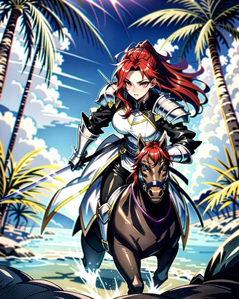 ((masterpiece), best quality, high quality, professional quality, highly detailed, highres, perfect lighting, natural lighting), Knight Charging into battle on horseback, wielding a lance and clad in heavy armor, Maestro, Short, Bulky, Triangular Face, Olive Skin, Red Hair, ruby Eyes, Long Nose, Pouty Lips, Sharp Chin, Full Beard, Shoulder-length, Side Part, A desert oasis, with shimmering pools of crystal-clear water and palm trees swaying in the breeze <lyco:locon_perfecteyes_v1_from_v1_64_32:0.6> <lora:Anime_Lineart_Style_Lora:0.4>