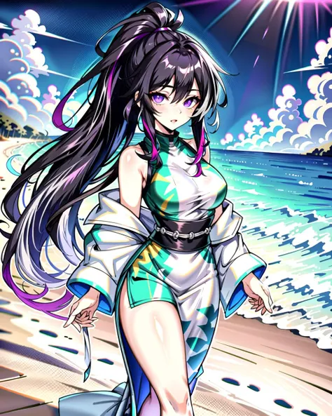 ((masterpiece), best quality, high quality, professional quality, highly detailed, highres, perfect lighting, natural lighting),, (1girl, beautiful, medium breasts, (multicolored hair, pink hair,red hair,black hair, long hair, high ponytail), perfecteyes eyes), (wearing dalmation print, extremelyBeautiful_beautifulclotheswild/Extremely beautiful clothes), on the beach, walking the boardwalk, <lyco:locon_perfecteyes_v1_from_v1_64_32:0.6> <lora:Anime_Lineart_Style_Lora:0.4>