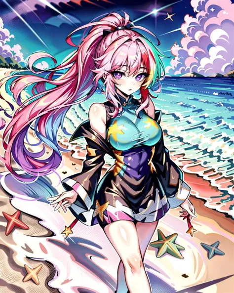 ((masterpiece), best quality, high quality, professional quality, highly detailed, highres, perfect lighting, natural lighting), (1girl, beautiful, medium breasts, (multicolored hair, pink hair,silver hair,red hair, long hair, high ponytail), perfecteyes eyes), (wearing rainbow print, extremelyBeautiful_beautifulclotheswild/Extremely beautiful clothes), on the beach, walking the boardwalk, <lyco:locon_perfecteyes_v1_from_v1_64_32:0.6>
